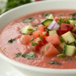 Gazpacho de sandía y pepino servido en vaso alto con menta fresca