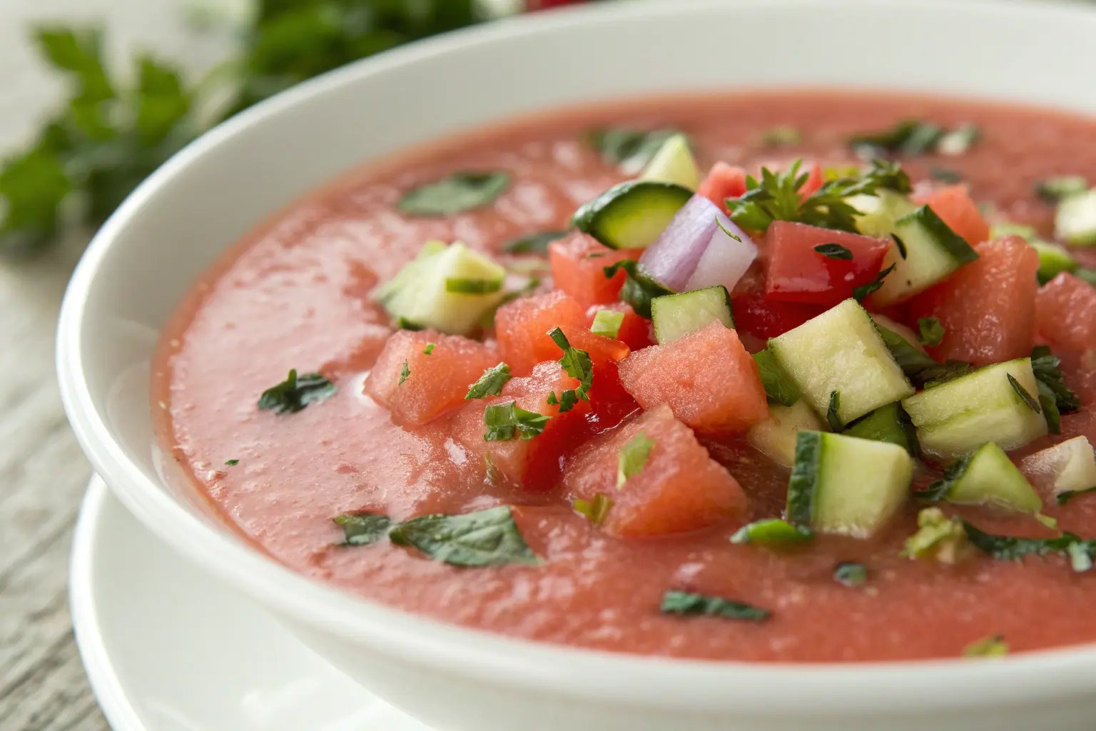 Gazpacho de sandía y pepino servido en vaso alto con menta fresca