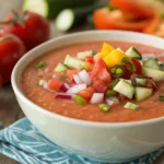 Vaso de gazpacho Thermomix con cubitos de hielo y aceite de oliva