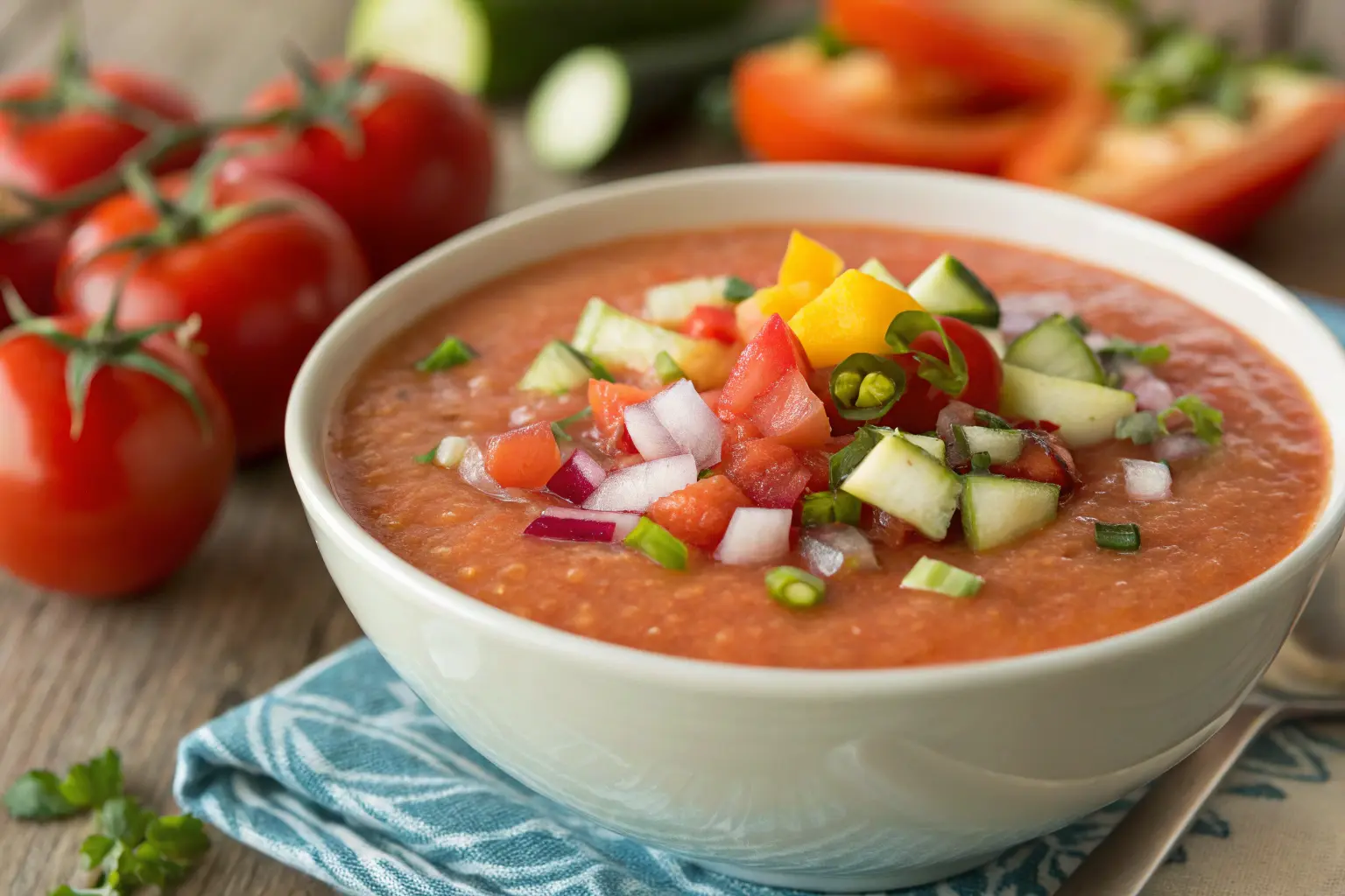 Vaso de gazpacho Thermomix con cubitos de hielo y aceite de oliva