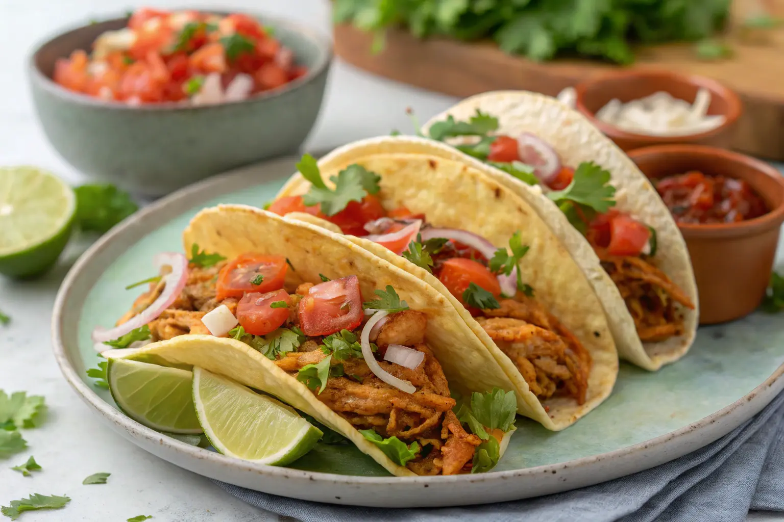 Tacos de lechuga con pollo con aguacate, tomate y salsa de yogur