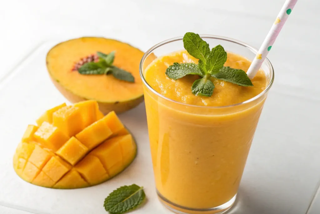 Smoothie de mango cremoso con coco rallado y menta en vaso helado
