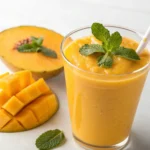 Smoothie de mango cremoso con coco rallado y menta en vaso helado