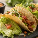 Tacos de lechuga con pollo marinado, pico de gallo y toque de lima