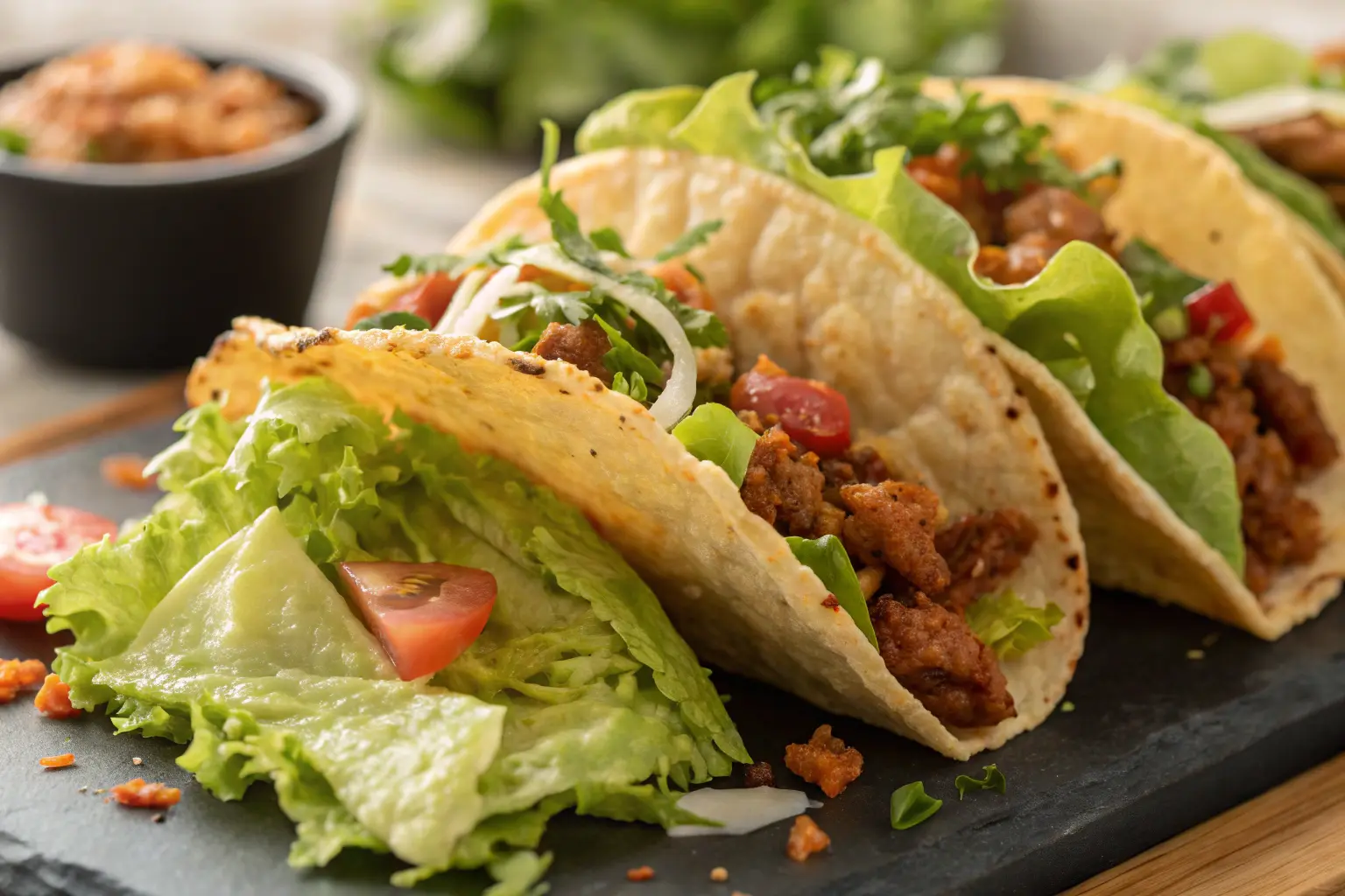 Tacos de lechuga con pollo marinado, pico de gallo y toque de lima