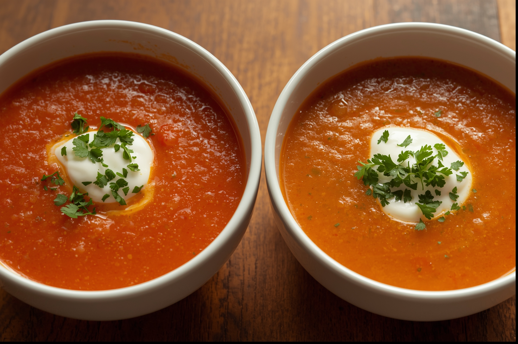 Dos cuencos mostrando la diferencia entre gazpacho y salmorejo con guarniciones tradicionales