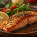Filete de salmón a la plancha estilo mediterráneo con tomates cherry y romero