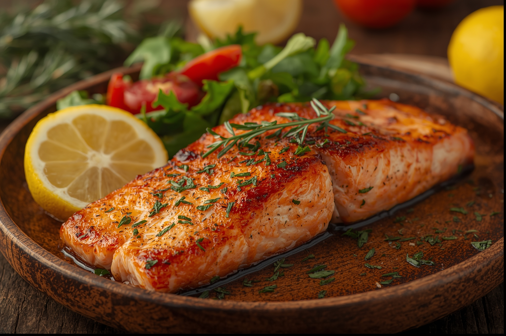 Filete de salmón a la plancha estilo mediterráneo con tomates cherry y romero