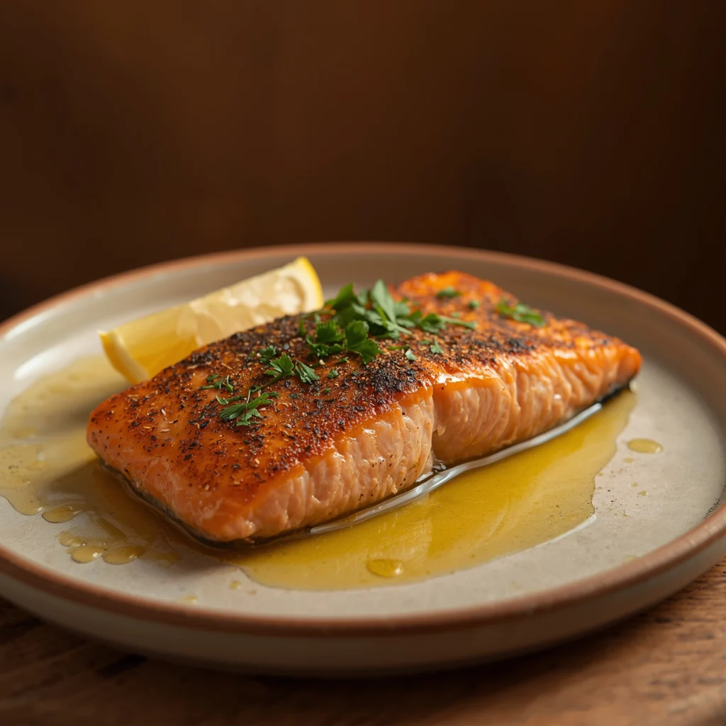 Filete de salmón a la plancha estilo mediterráneo con tomates cherry y romero