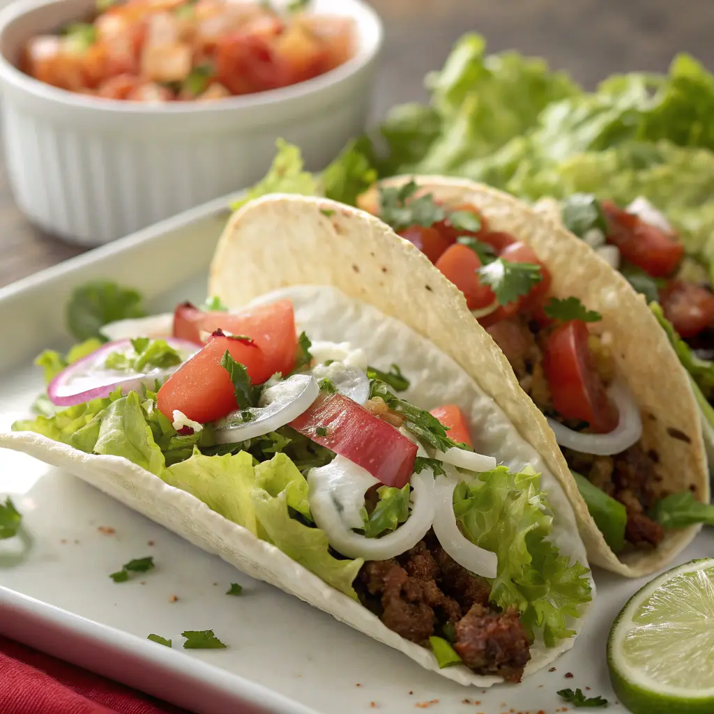 Tacos de lechuga con pollo marinado, pico de gallo y toque de lima

