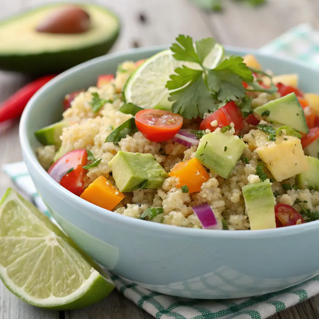Ensalada de quinoa y aguacate servida en bol, con tomate cherry y pepino

