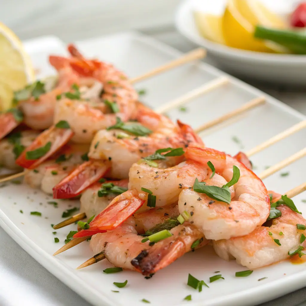 Preparación de brochetas de langostinos marinados con limón y ajo