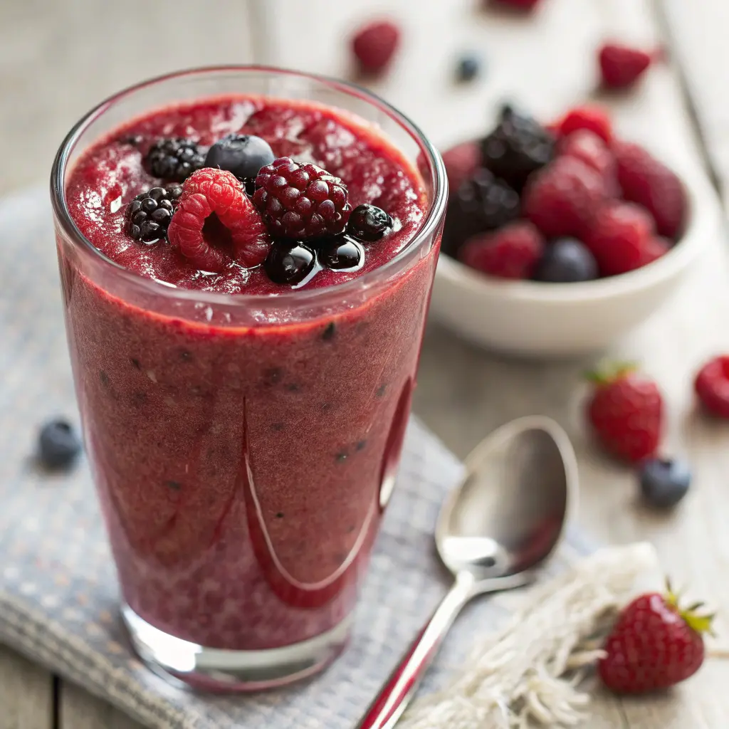 Vaso alto con smoothie de frutos rojos cremoso, decorado con fresas, arándanos y frambuesas frescas.