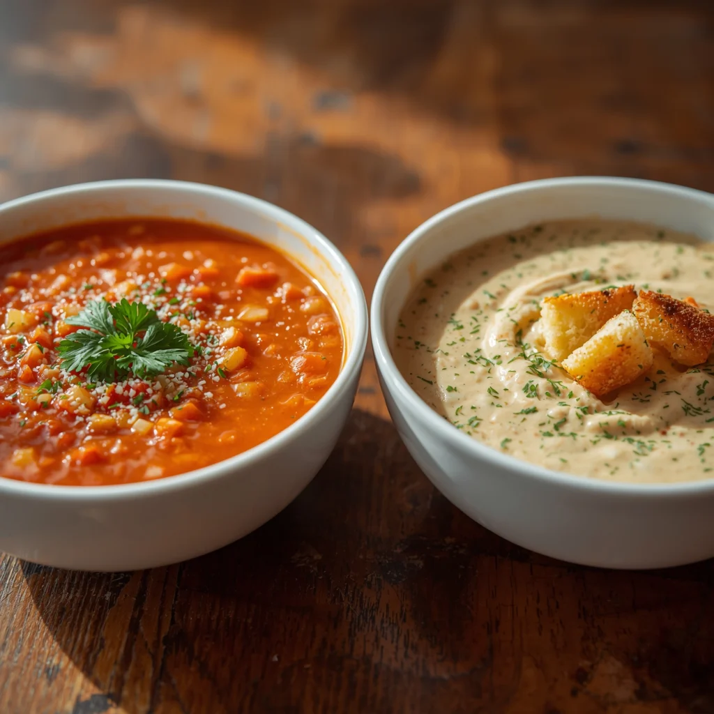 Dos cuencos mostrando la diferencia entre gazpacho y salmorejo con guarniciones tradicionales
