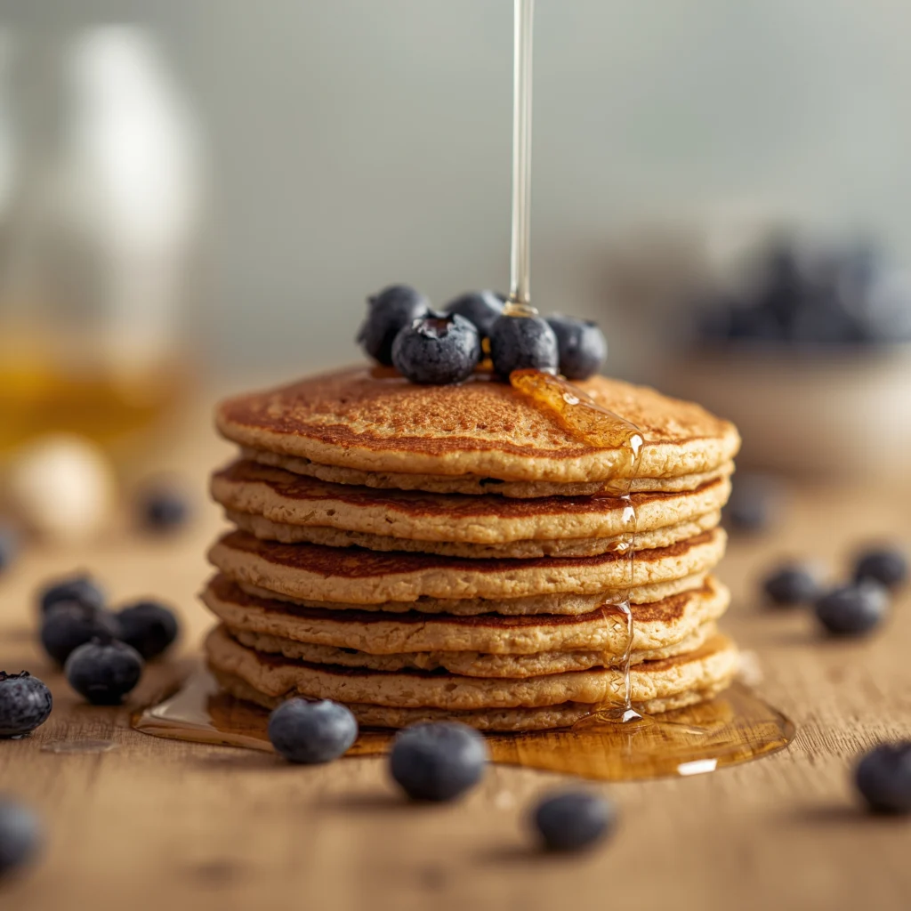 Panqueques de avena esponjosos con frutas y sirope de arce