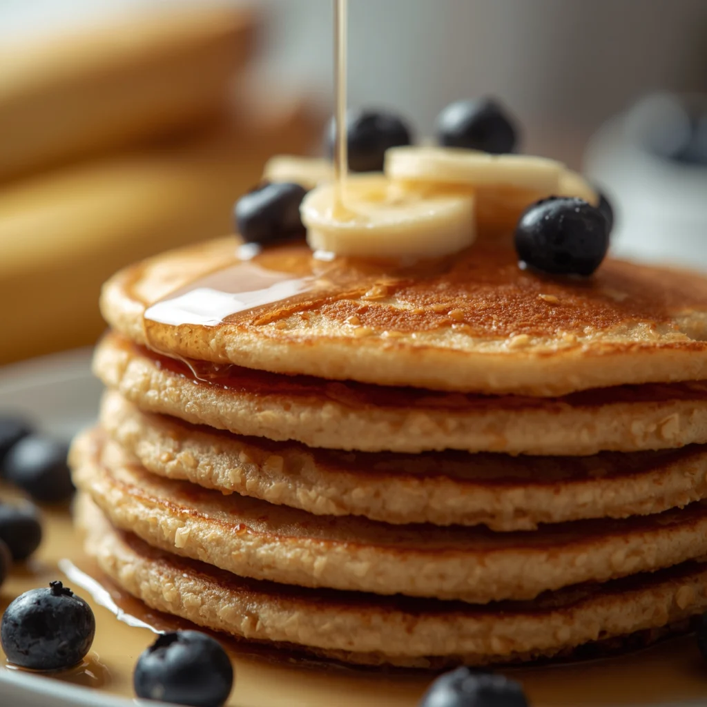 Pila de panqueques de avena fáciles con rodajas de plátano y sirope de arce