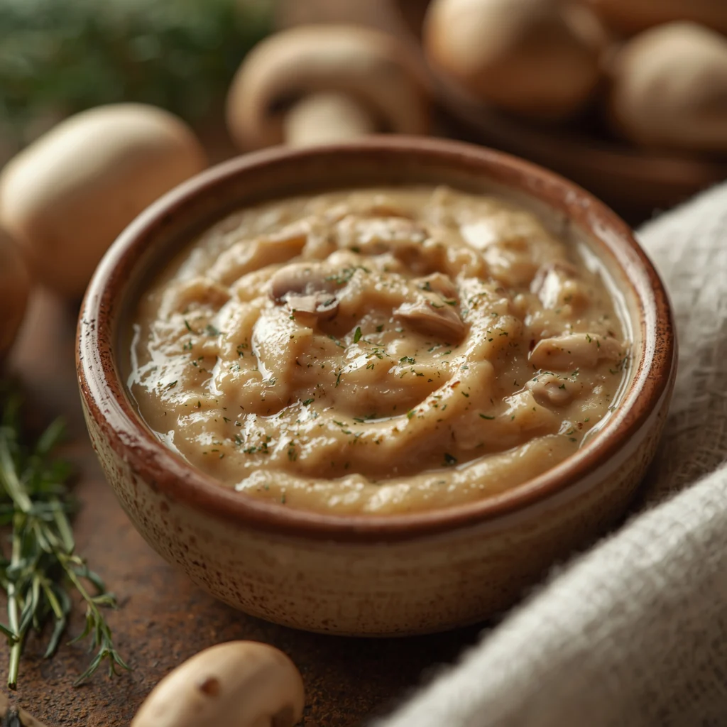 Crema de champiñones receta de la abuela en cuenco rústico con perejil
