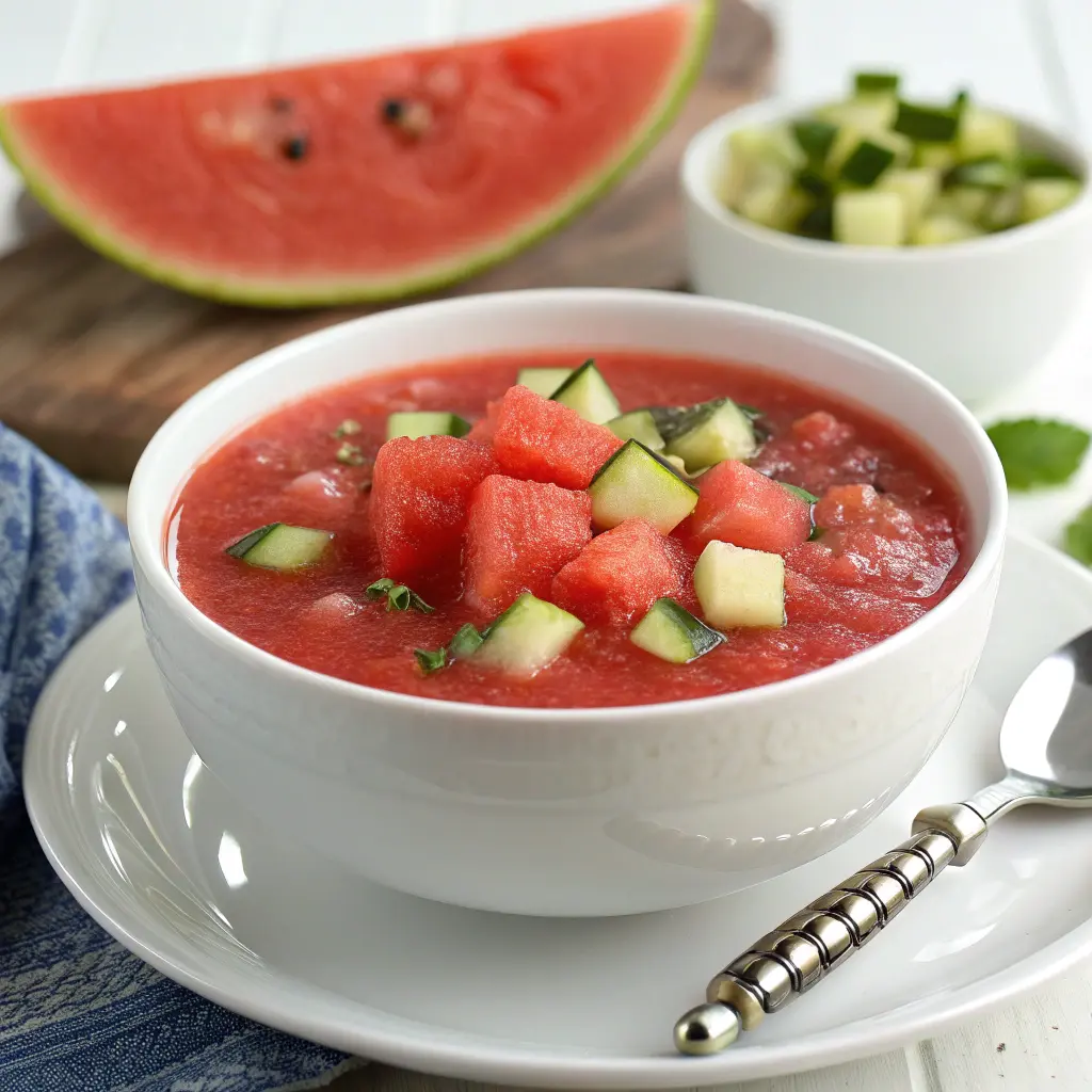 Gazpacho de sandía y pepino servido en vaso alto con menta fresca