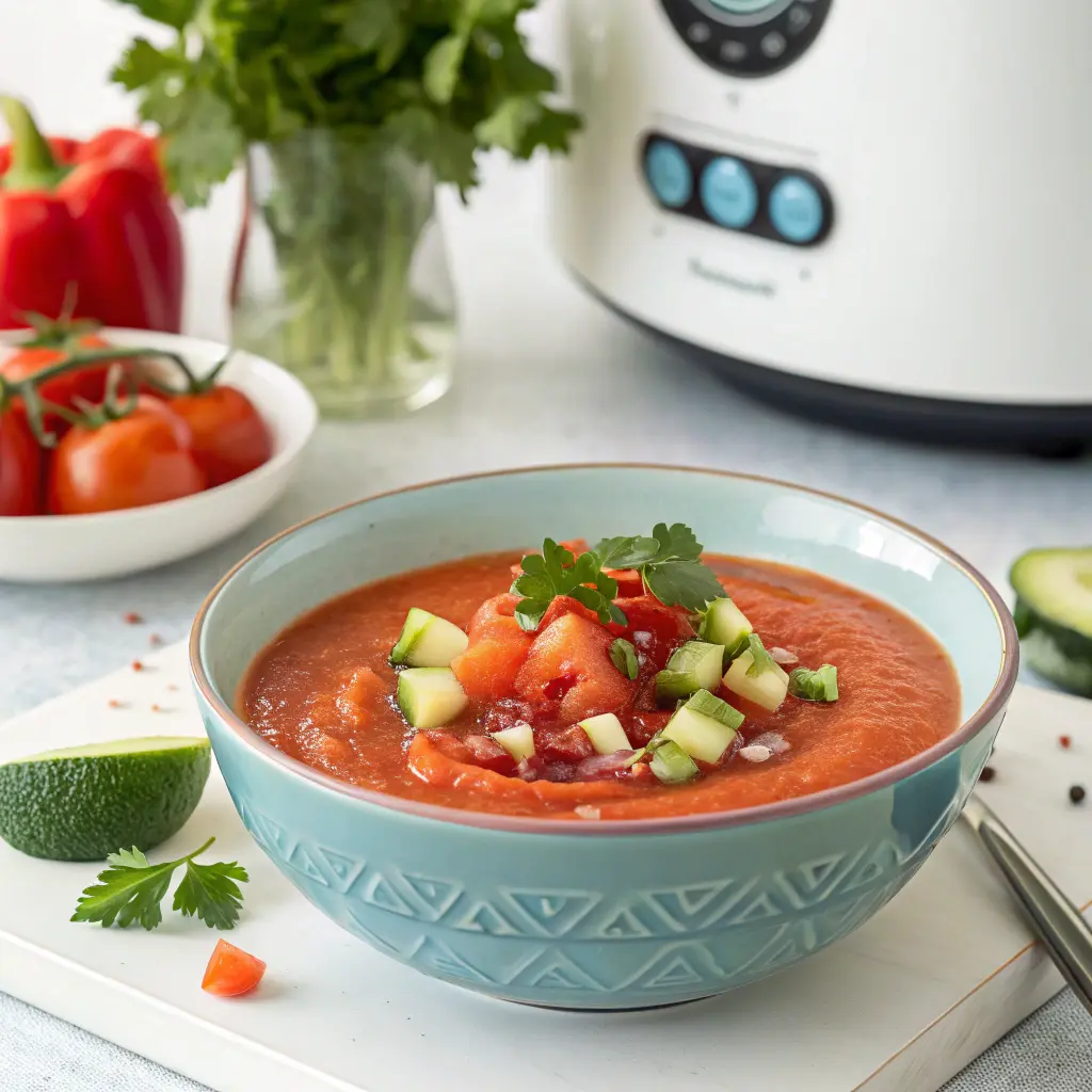 Vaso de gazpacho Thermomix con cubitos de hielo y aceite de oliva