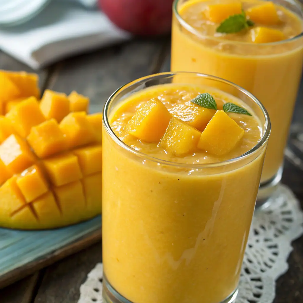 Smoothie de mango cremoso con coco rallado y menta en vaso helado