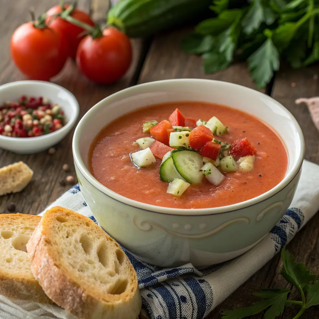 Gazpacho andaluz receta de la abuela en cuenco de barro con AOVE