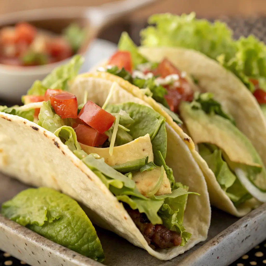Tacos de lechuga con pollo marinado, pico de gallo y toque de lima

