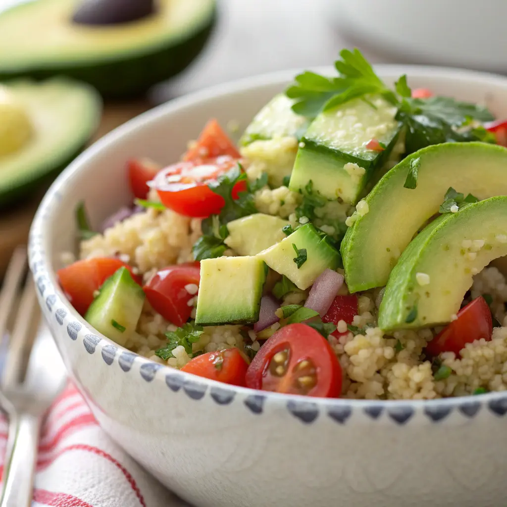 Ensalada de quinoa y aguacate servida en bol, con tomate cherry y pepino

