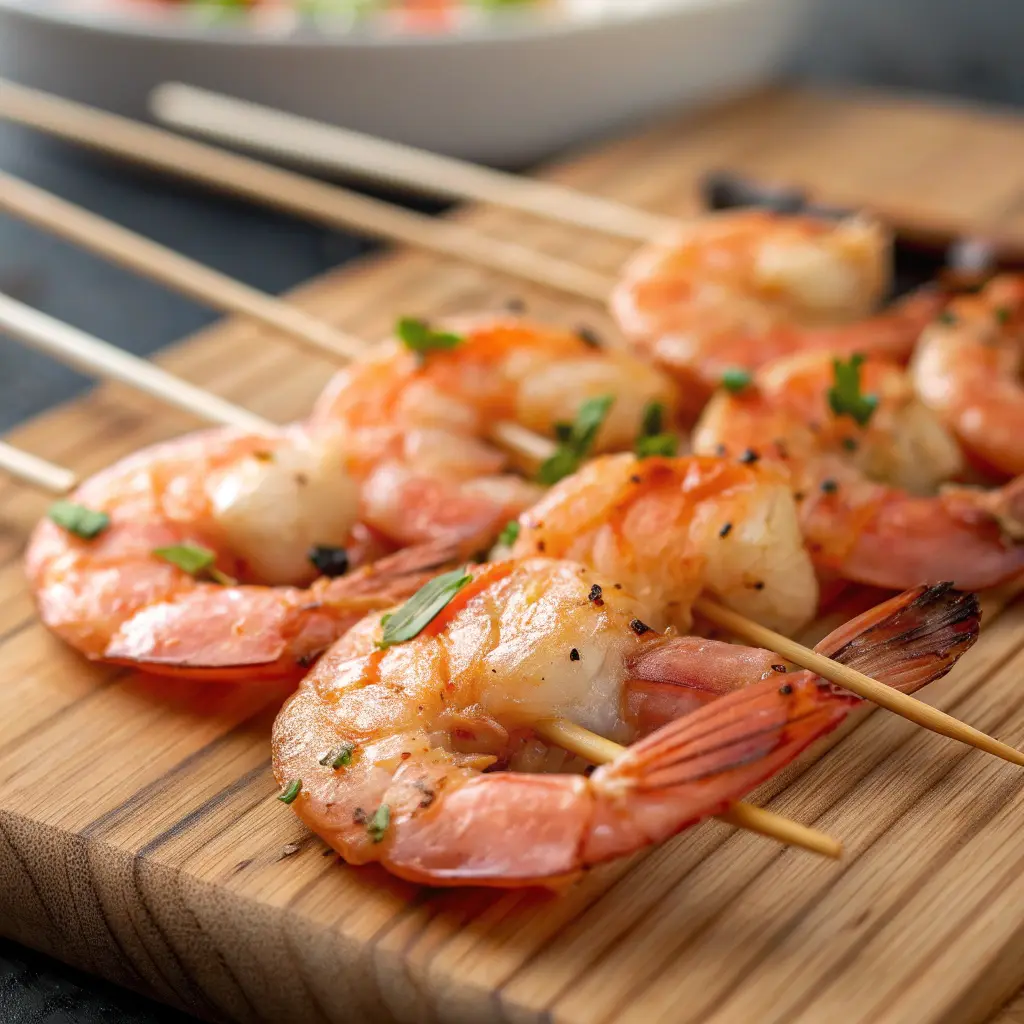 Preparación de brochetas de langostinos marinados con limón y ajo