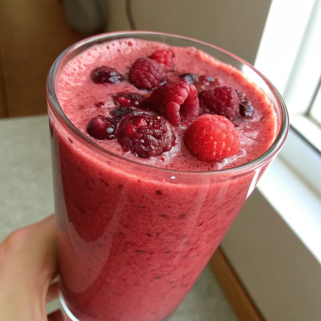 Vaso alto con smoothie de frutos rojos cremoso, decorado con fresas, arándanos y frambuesas frescas.