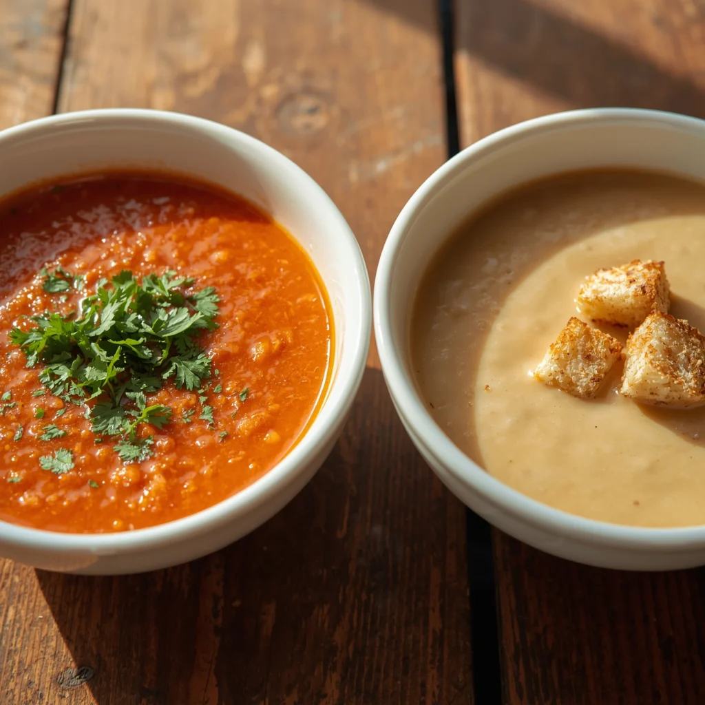 Dos cuencos mostrando la diferencia entre gazpacho y salmorejo con guarniciones tradicionales