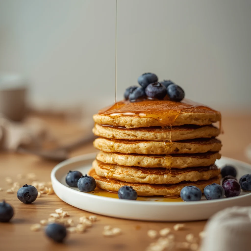 Panqueques de avena esponjosos con frutas y sirope de arce
