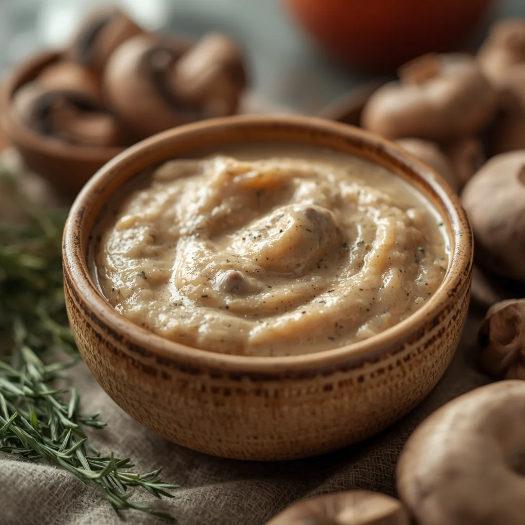Crema de champiñones receta de la abuela en cuenco rústico con perejil