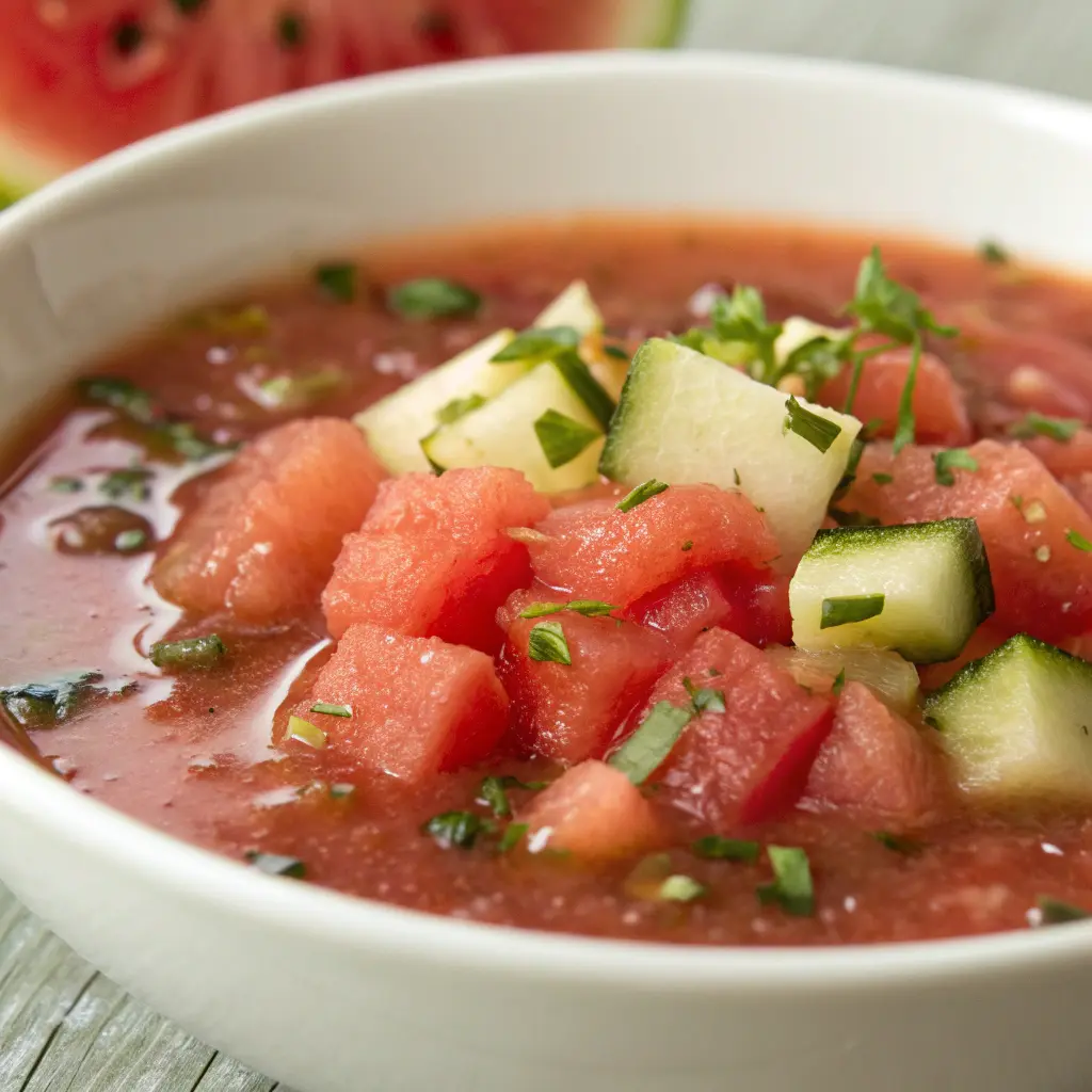 Gazpacho de sandía y pepino servido en vaso alto con menta fresca