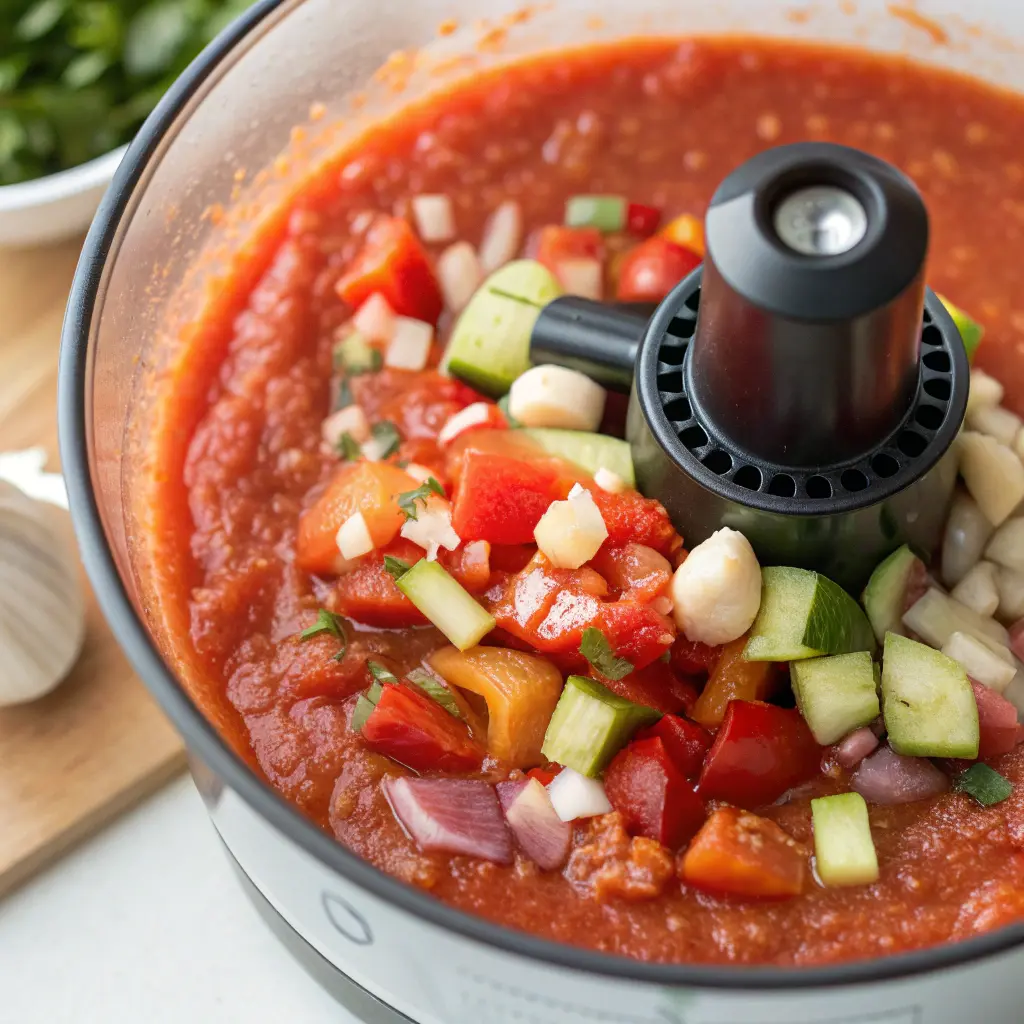 Vaso de gazpacho Thermomix con cubitos de hielo y aceite de oliva