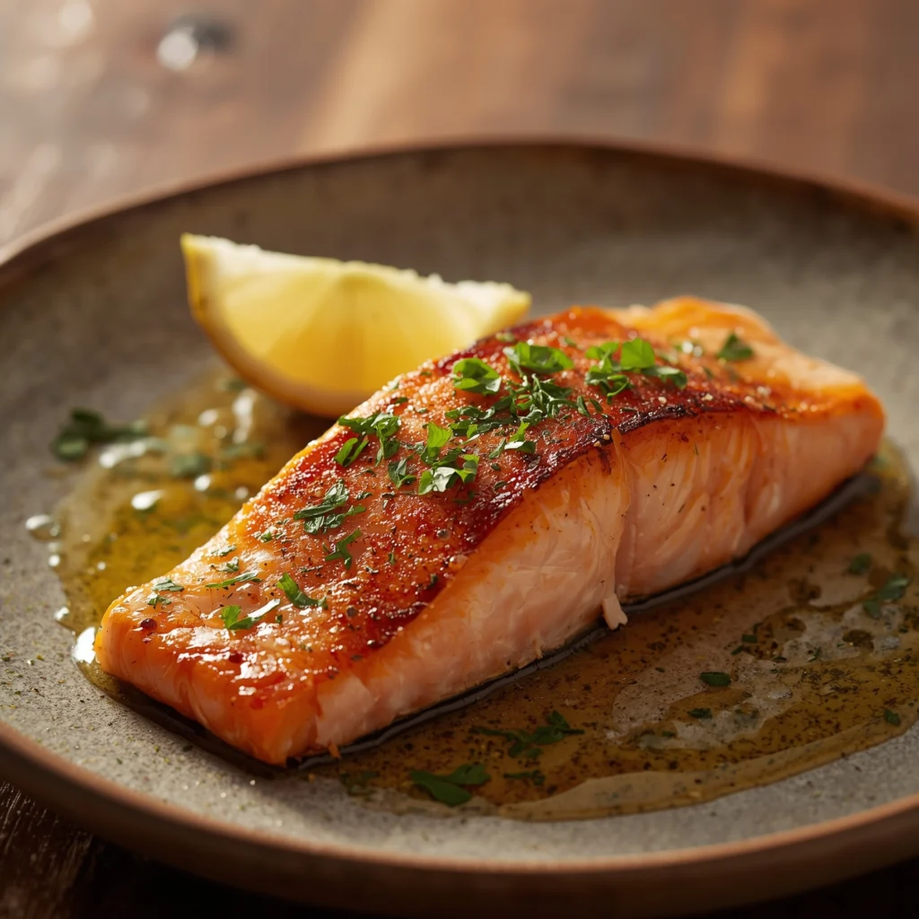 Filete de salmón a la plancha estilo mediterráneo con tomates cherry y romero