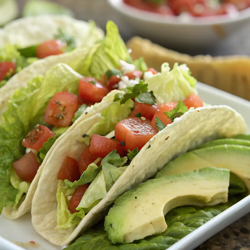 Tacos de lechuga con pollo marinado, pico de gallo y toque de lima

