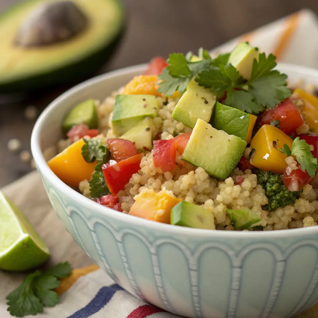 Ensalada de quinoa y aguacate servida en bol, con tomate cherry y pepino

