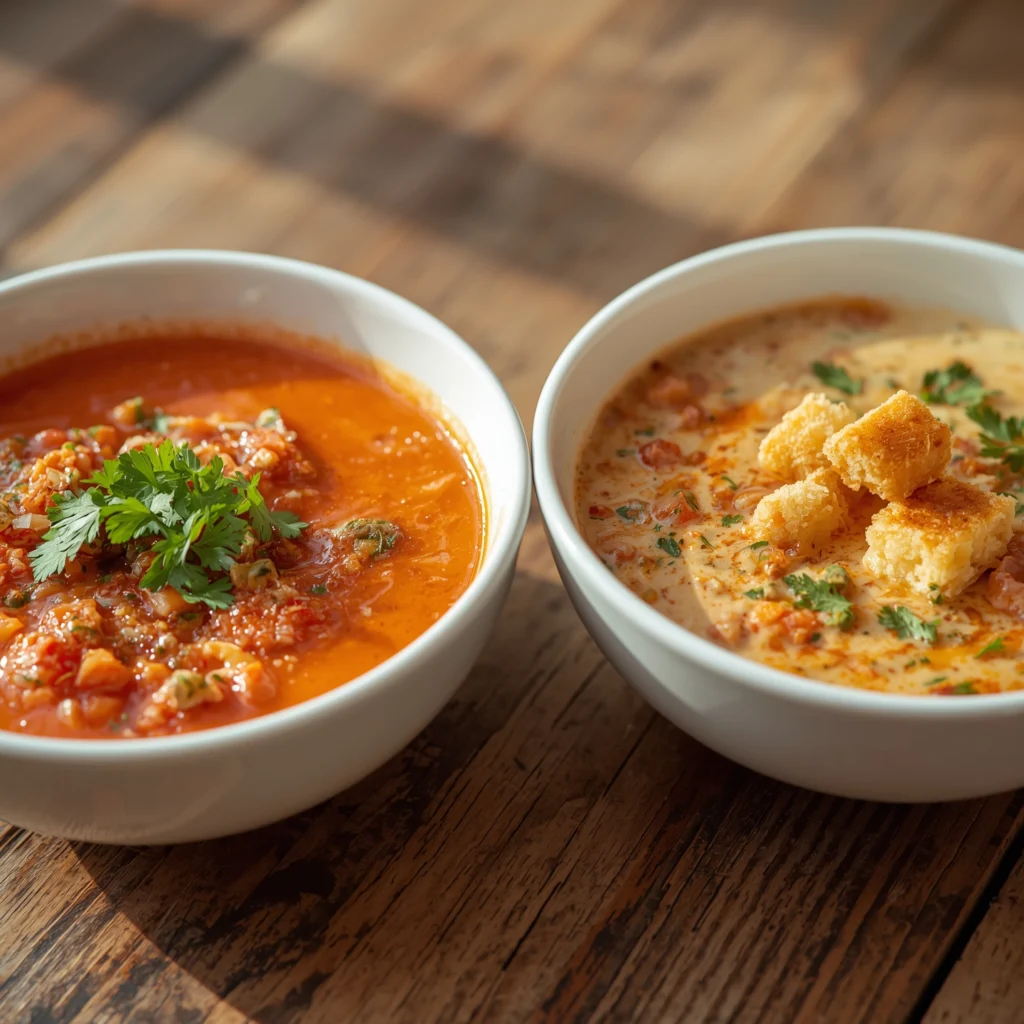 Dos cuencos mostrando la diferencia entre gazpacho y salmorejo con guarniciones tradicionales