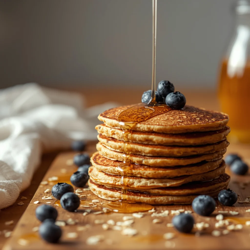 Panqueques de avena esponjosos con frutas y sirope de arce