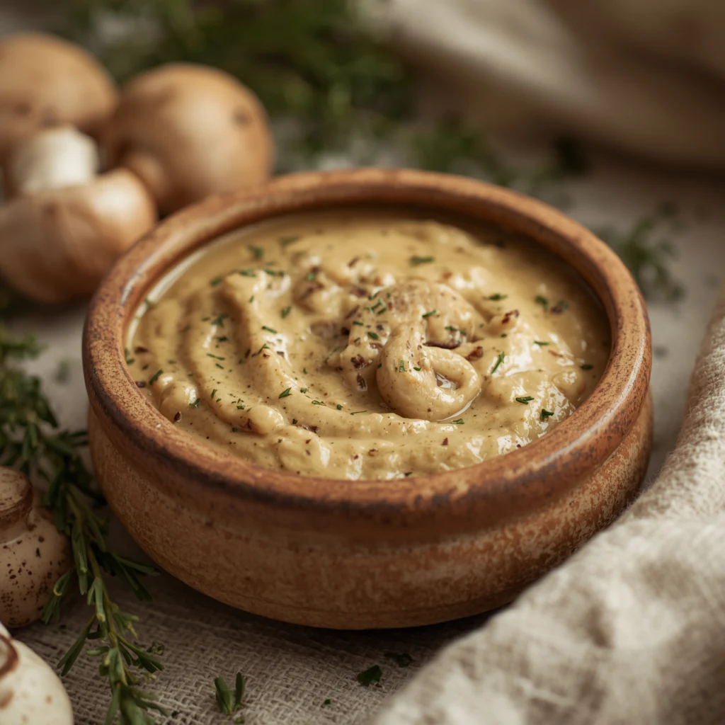 Crema de champiñones receta de la abuela en cuenco rústico con perejil