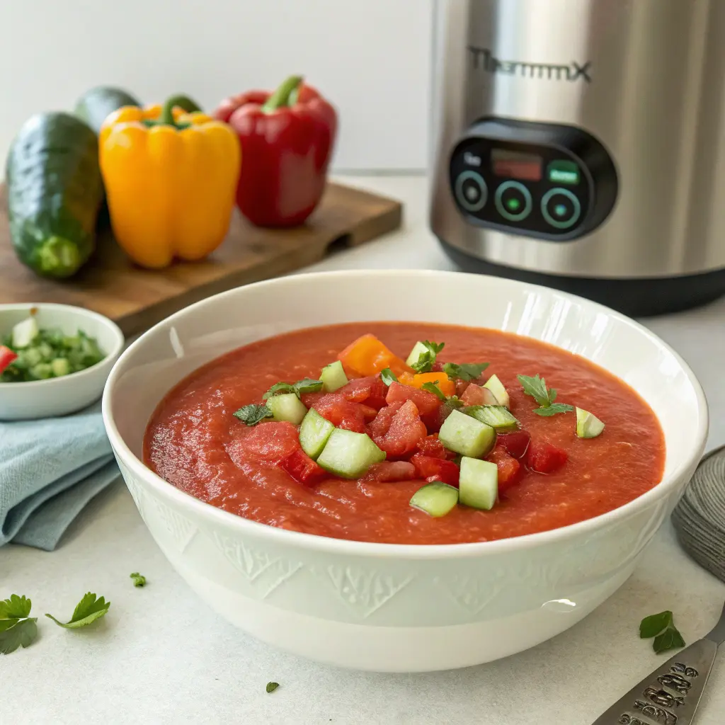 Vaso de gazpacho Thermomix con cubitos de hielo y aceite de oliva