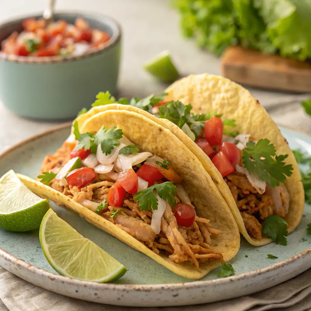 Tacos de lechuga con pollo con aguacate, tomate y salsa de yogur