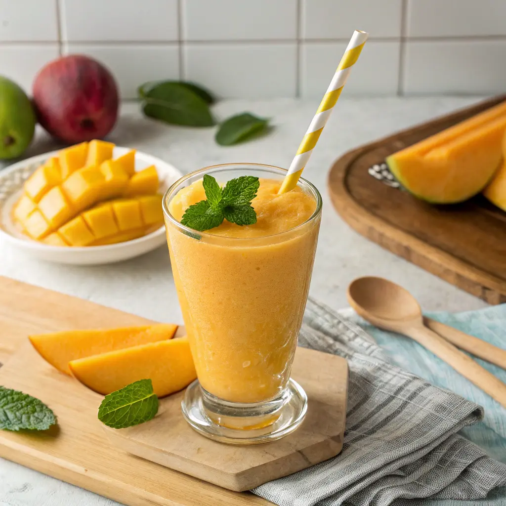 Smoothie de mango cremoso con coco rallado y menta en vaso helado