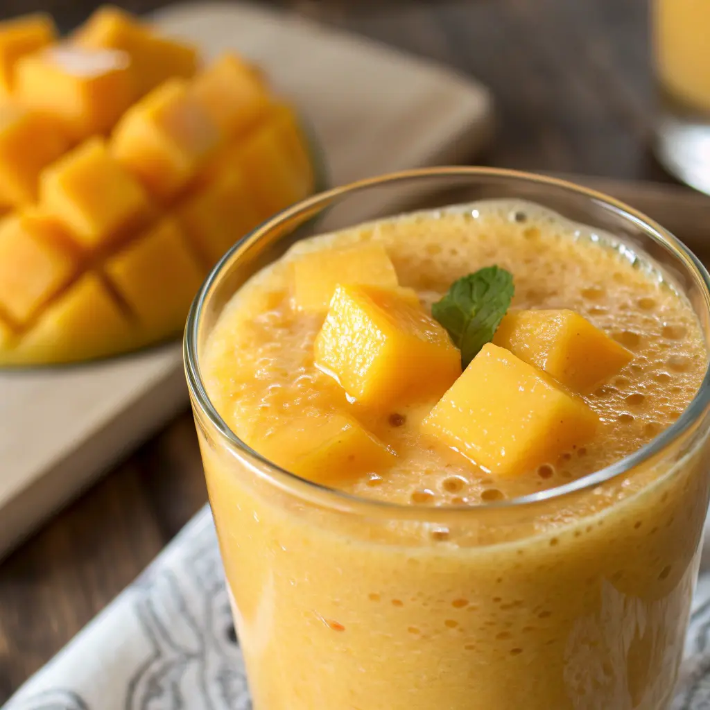 Smoothie de mango cremoso con coco rallado y menta en vaso helado